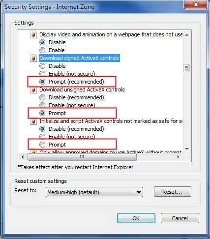 Scrol omlaag naar de ActiveX-besturingselementen en plug-inknoppen en stel ze als volgt in: Download ondertekende