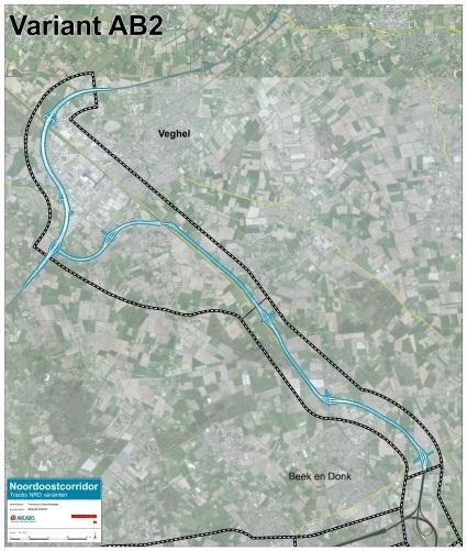 Deelgebied Veghel Bemmer (AB) In dit deelgebied zijn vijf alternatieven onderzocht: AB1 Korte omleiding en westelijk van de Zuid- Willemsvaart* AB2 Korte omleiding en oostelijk van de Zuid-