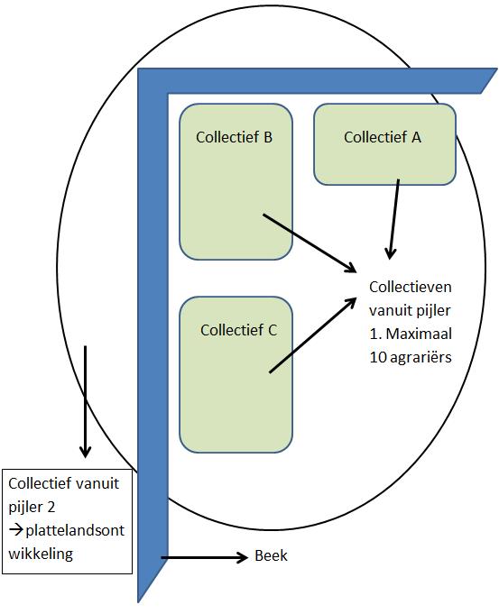 Figuur 8. Schematische weergave van collectieven. In de praktijk zullen er meer dan 3 collectieven vanuit pijler 1 in het pijler 2 gebied zitten.