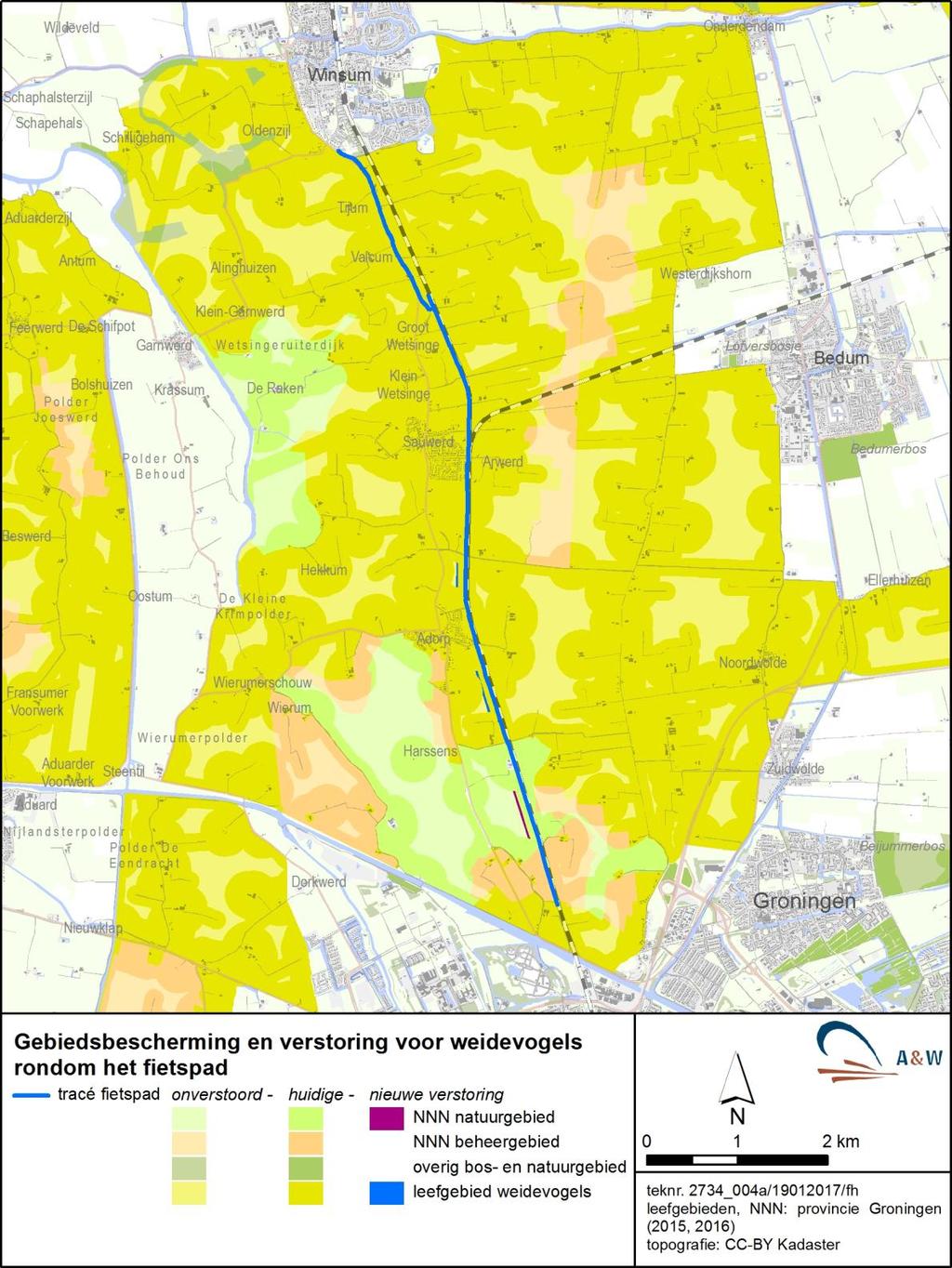 8 A&W-rapport 2277 Ecologische beoordeling (gebiedsbescherming) Fietsroute Plus Groningen-Winsum waarop verstoring nog merkbaar is verschilt per soort en per verstoringsbron.