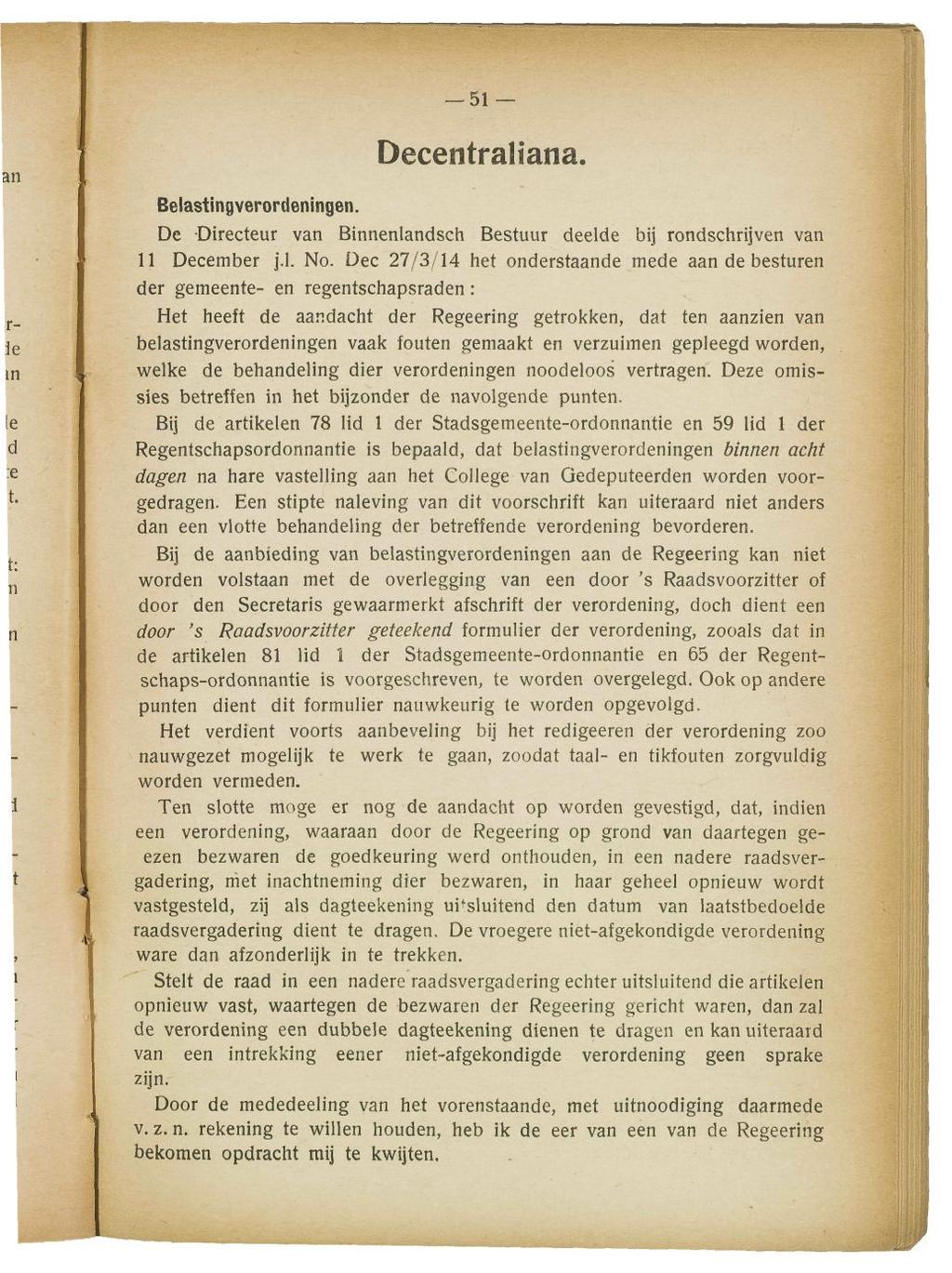 51 Decentraliana. Belastingverordeningen. De Directeur van Binnenlandsch Bestuur deelde bij rondschrijven van 11 December j.l. No.