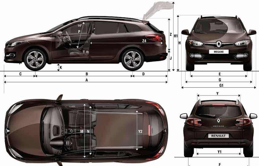 afmetingen MÉGANE VAN MÉGANE VAN Afmetingen (mm) Megane Van A Wielbasis 2703 B Totale lengte 4567 C Overhang voor 870 D Overhang achter 994 E Spoorbreedte voor 1543 F Spoorbreedte achter 1547 G