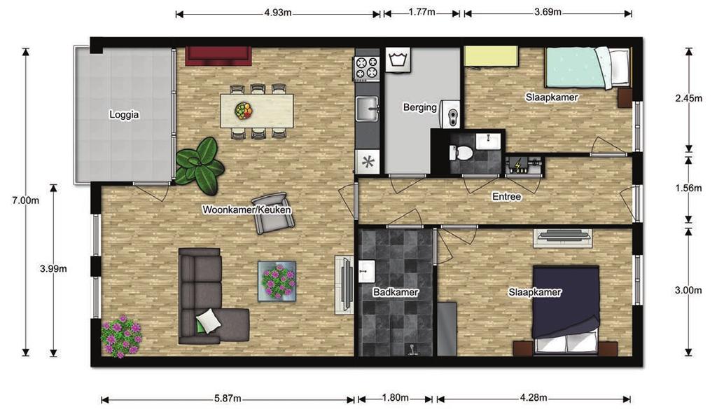 d Balkon/loggia op het westen met uitzicht op de Plantageweg. d Vloerverwarming in de woonkamer en keuken. d Badkamer en toilet met sanitair van Villeroy & Boch.