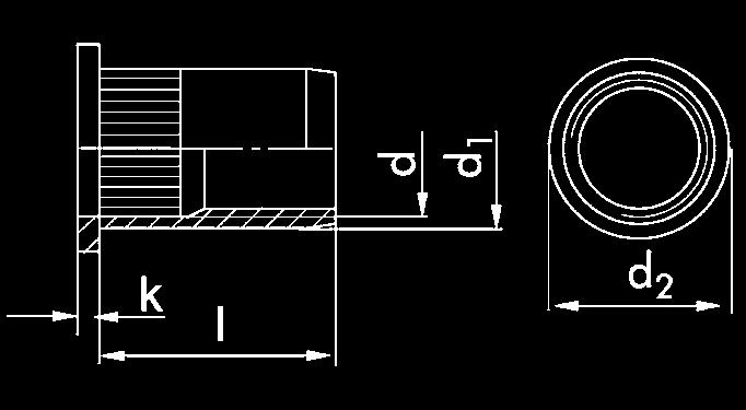 Blindklinkmoeren Blindklinkmoer met cilinder kop Schroefdraad Ø reik hoogte k Boor Klembe- d ₂ Kop- d ₁ l VE/st.