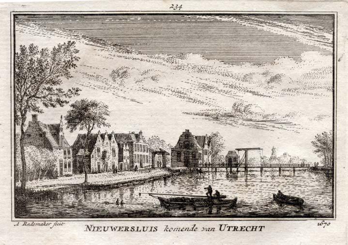 vechtkroniek 38 Nieuwersluis, komende van uit het zuiden gezien, omstreeks 1670 (Coll. W. Mooij) water zetten van het omringende land werd deze waterlinie in werking gesteld.