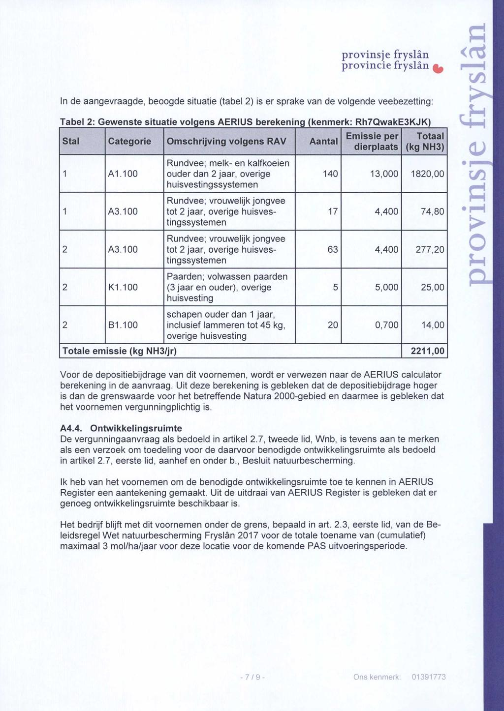 <r In de aangevraagde, beoogde situatie (tabel 2) is er sprake van de volgende veebezetting: Stal Categorie Omschrijving volgens RAV Aantal 1 Al.100 1 A3.100 2 A3.100 2 KI.100 2 BI.