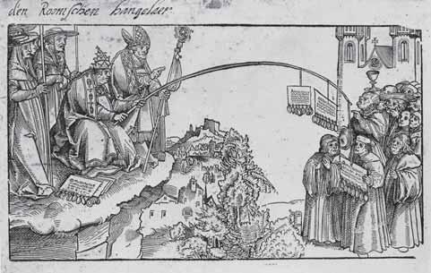44 1. Anonieme prent naar aanleiding van de handel in aflaten, circa 1550. Links bevinden zich de paus, drie kardinalen en een bisschop met aan hun voeten enkele pauselijke bullen.