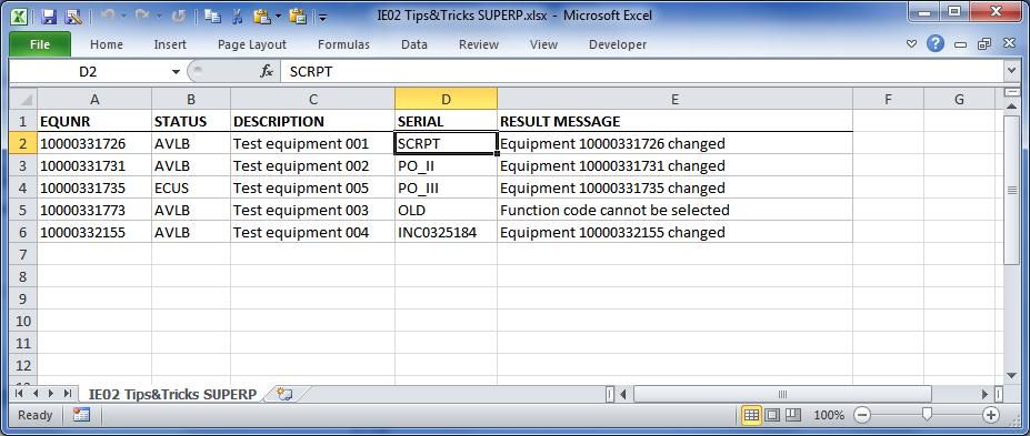 Bij het door mij gebruikte voorbeeld is een equipment opgenomen, die een fout oplevert. Daarom is het resultaat na verwerking in de MS Excel werkblad zichtbaar. Regel 5 bevat een fout melding.
