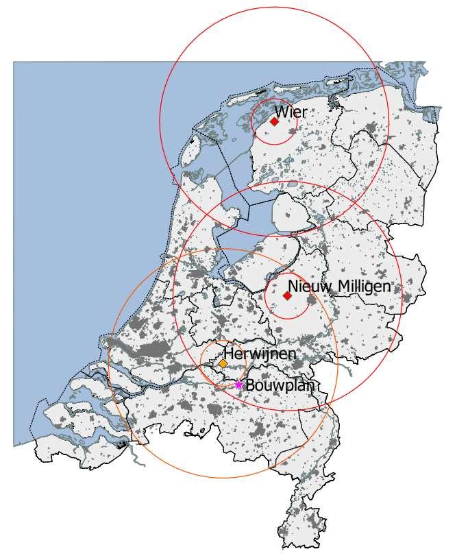 7/16 Figuur 3. Locaties van de twee MPR gevechtsleidingsradars (rode ruit) en de nieuwe locatie Herwijnen (oranje ruit) met daaromheen de 15 en 75 km cirkels.