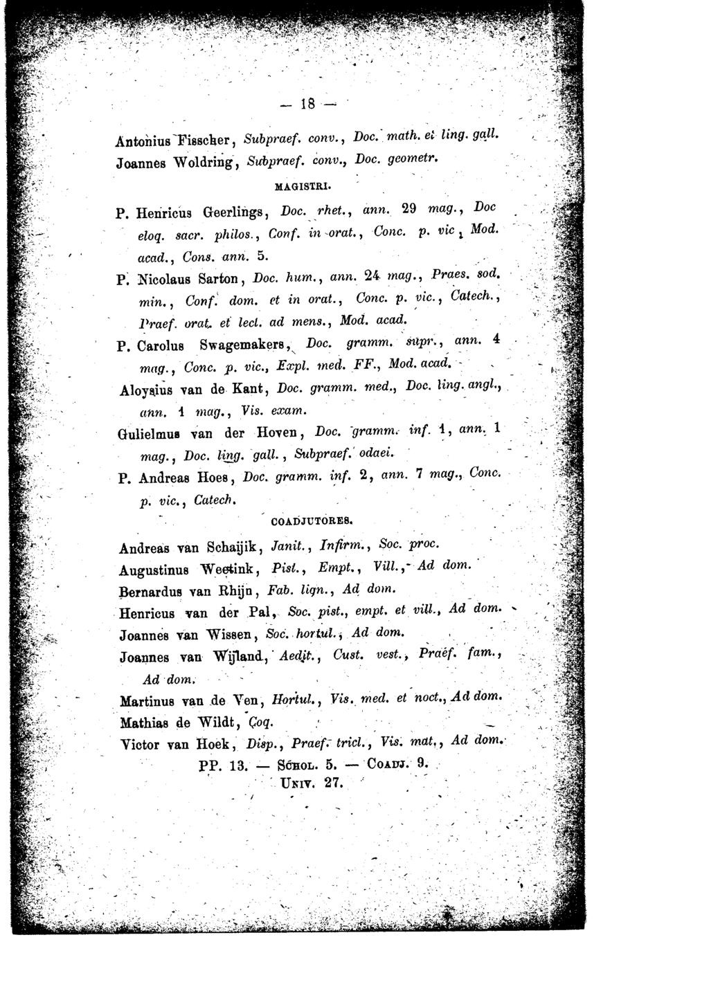 18 ~ Antonius -Fisscher, Subpraef. conv., Doc. math. et ling. ga}l. Joannes W oldring, Subpraef. con v., Doc. geometr. l\iagistri. P. HeriricÍls Geerlil1g~, Doc. rhet., ann. 29 mag., Doc eloq. sacr.