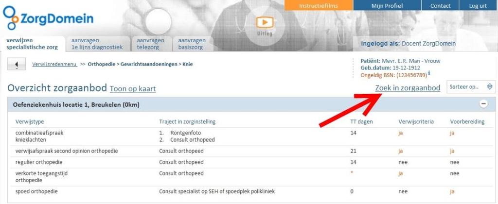 Tip 4 Via Zoek in zorgaanbod uitgebreid zoeken U kunt voor een verwijsreden het aanbod zoeken van een