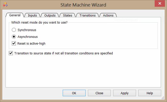 Tutorial state machine file in Quartus 13.0 29 april 2014 Wizard Dan opent de wizard. We kunnen nu een aantal opties instellen. We kiezen voor een asynchrone, actief-hoge reset.