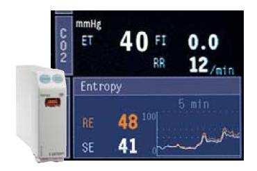 E-entropy Sensor op het voorhoofd State entropy (SE): EEG Response entropy (RE): EEG + FEMG - facial muscle activation meet antwoord Twee getallen, zonder