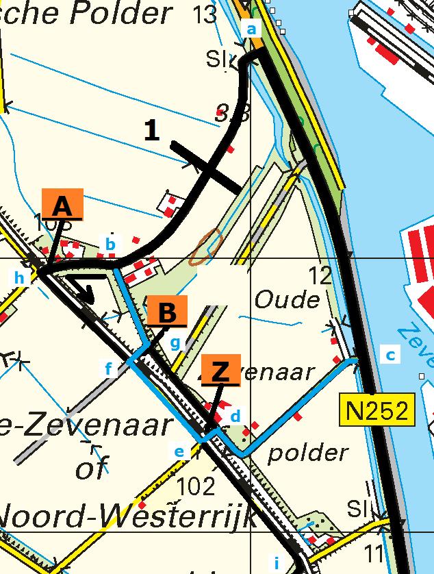 Uitleg Sportklasse, deel 2 Kaartfragment Sluiskil: Ingetekende lijn met barricades (BARIL) van VTC2 naar F Vanaf de start langs rc J richting Blokkade 1.