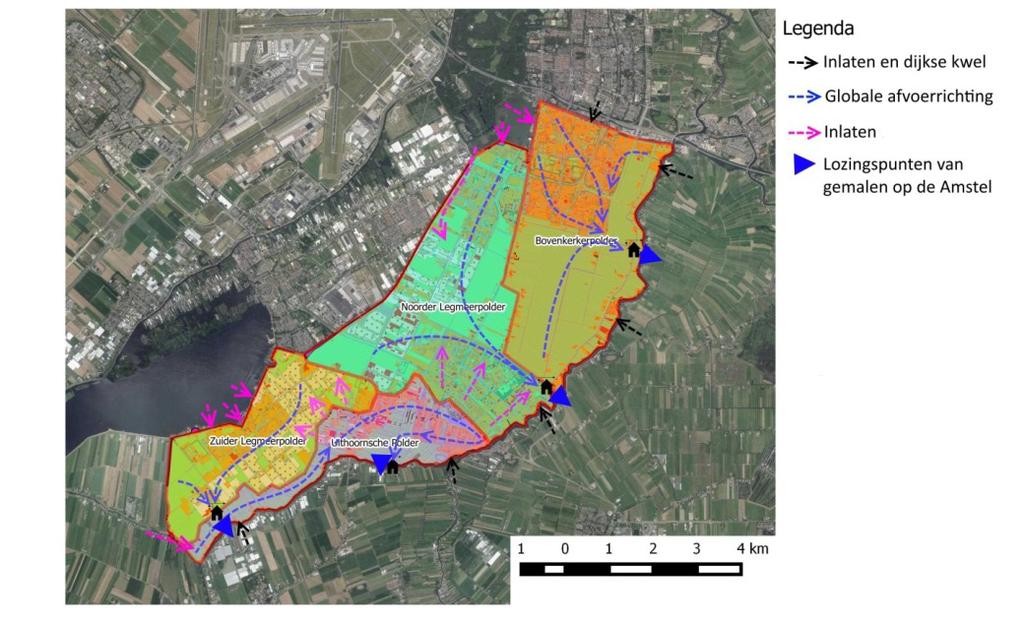 - Vanuit de Uithoornse Polder vindt aanvoer plaats naar de Zuider Legmeerpolder en de Noorder Legmeerpolder - Het water voor het Zijdelmeer is afkomstig van de inlaat Bilderdam helemaal aan de