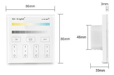 WAND CONTROLLER B2/T2 4-zones radiografische wand controller van ABS kunststof voor het aansturen van dual white color receivers, lichtbronnen of ledstrips Frequentie: 2,4Ghz, 25 meter reikwijdte