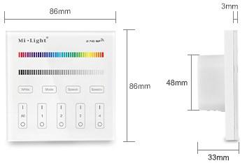 WAND CONTROLLER B3/T3 4-zones radiografische wand controller van ABS kunststof voor het aansturen van RGB/RGBW receivers, lichtbronnen of ledstrips Frequentie: 2,4Ghz, 25 meter reikwijdte door muren