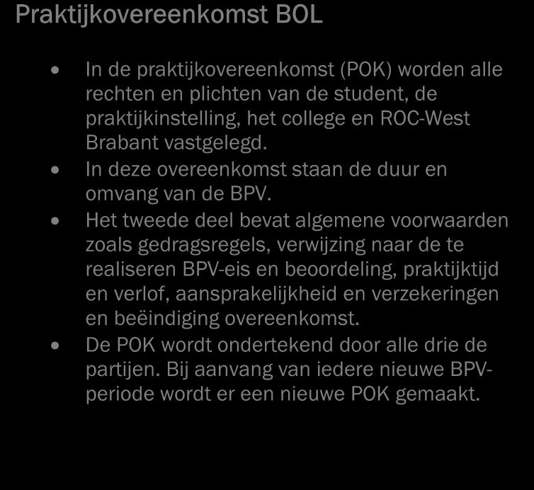 2.6.1 Praktijkovereenkomst Praktijkovereenkomst BOL In de praktijkovereenkomst (POK) worden alle rechten en plichten van de student, de praktijkinstelling, het college en ROC-West Brabant vastgelegd.