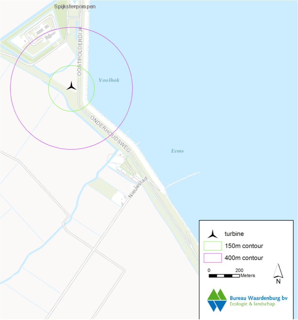 Verstoring De verstoringsafstand van windturbines tot foeragerende kleinere watervogels, zoals eenden, bedraagt ongeveer 150 m (zie bijlage 5 voor referenties).