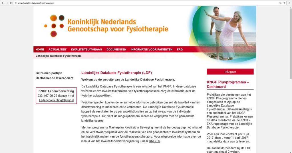 Stap 1: Inloggen bij de Feedbacktool van de LDF Ga naar http://www.landelijkedatabasefysiotherapie.nl/ en klik op Inloggen.
