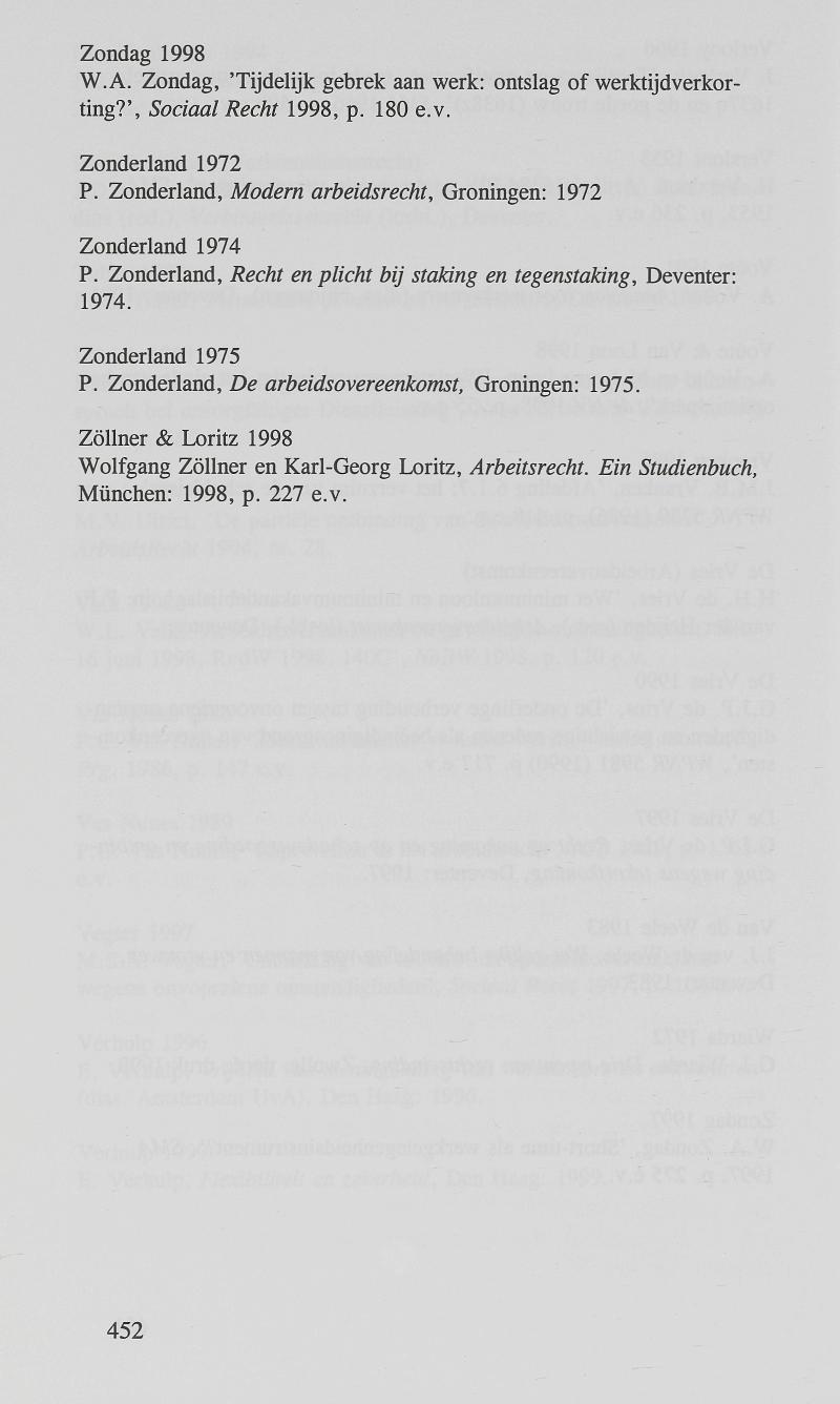Zondag 1998 W.A. Zondag, 'Tijdelijk gebrek aan werk: ontslag of werktijdverkorting?', Sociaal Recht 1998, p. 180 e.v. Zonderland 1972 P.