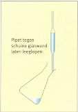 Houd hierbij de maatstreep op ooghoogte. l. Houd de erlenmeyer onder een hoek van 45 tegen de pipet.