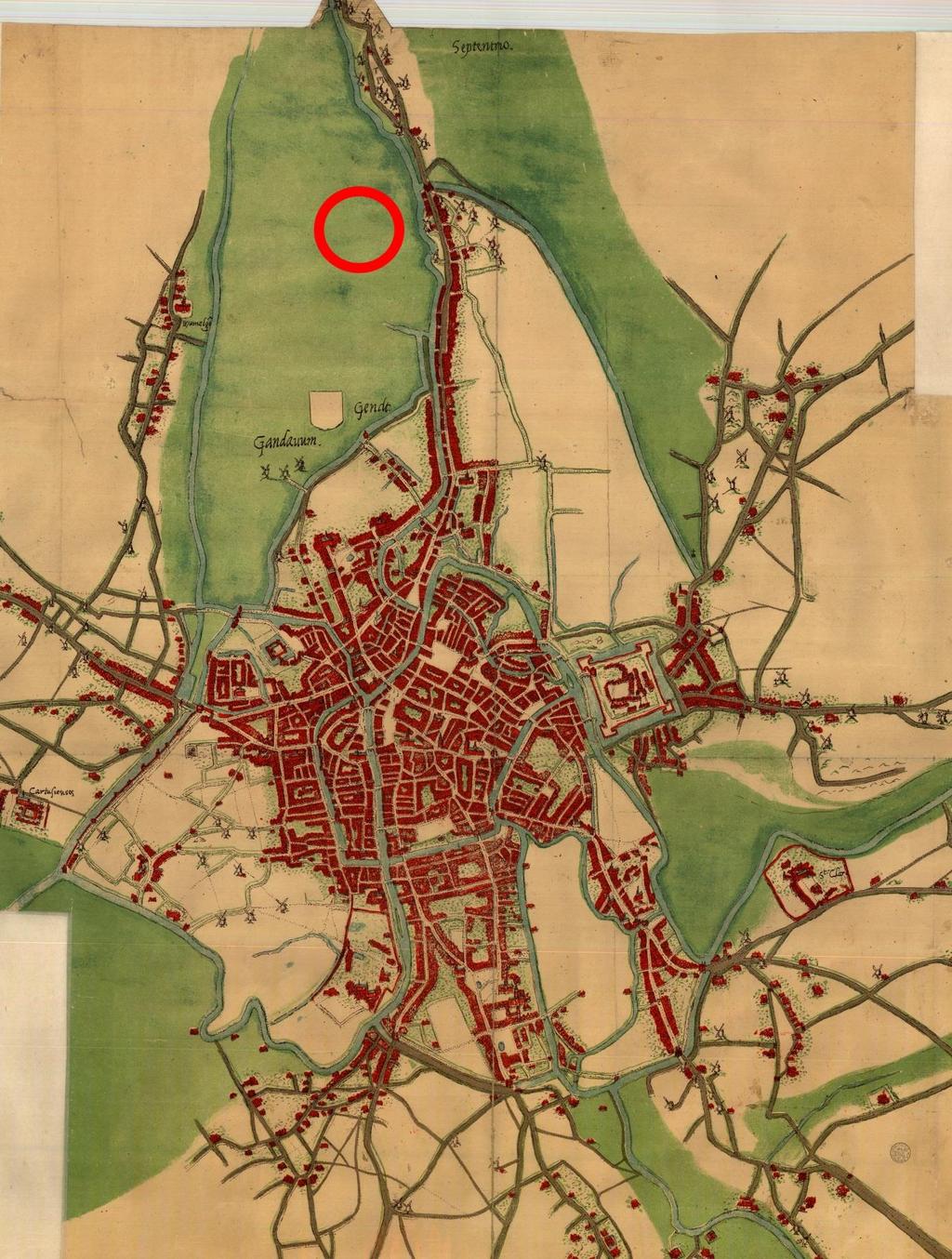 Plan 17: Het projectgebied aangeduid op Deventer, 1559 (Stad Gent, De Zwarte Doos, Stadsarchief, SAG AG L1/5) Het oudste relevante historische plan voor het