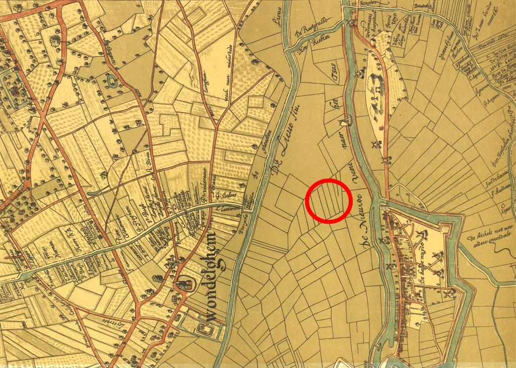 Plan 18: Het projectgebied aangeduid op een detail van de kaart van Horenbault, 1619 (Stad Gent, De Zwarte Doos, Stadsarchief) Op de kaart van Horenbault (1619) ligt het projectgebied binnen de reeds