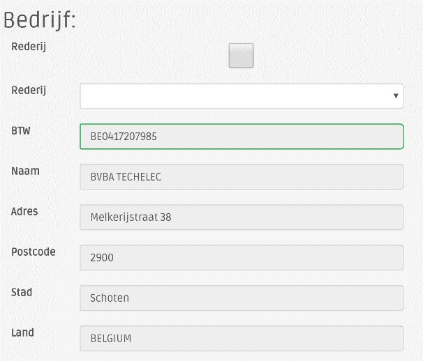 Vervolgens dient de BTW-nummer van het bedrijf ingevuld te worden. Deze zal automatisch gecontroleerd worden en de bijhorende gegevens worden opgehaald en ingevuld.