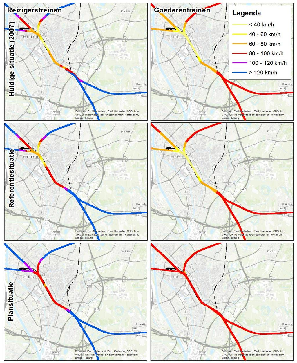 2.3.3. Intensiteiten Figuur 7 Maximale snelheden voor reizigers- (links) en goederentreinen (rechts) in de huidige- (boven), referentie- (midden) en plansituatie (onder) De treinintensiteiten in de