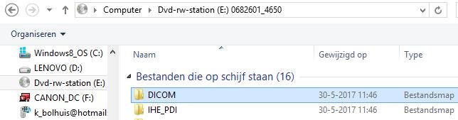 klik op computer klik op DVD of CD rom station klik rechter muisknop op DICOM (zie figuur 2.1) en klik op kopiëren Figuur 2.