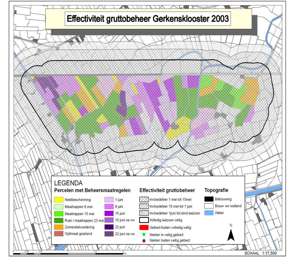 Figuur 2.1. Effectiviteit Gruttobeheer in Gerkesklooster in 2003 (de locatie van nesten is niet ingevoerd).