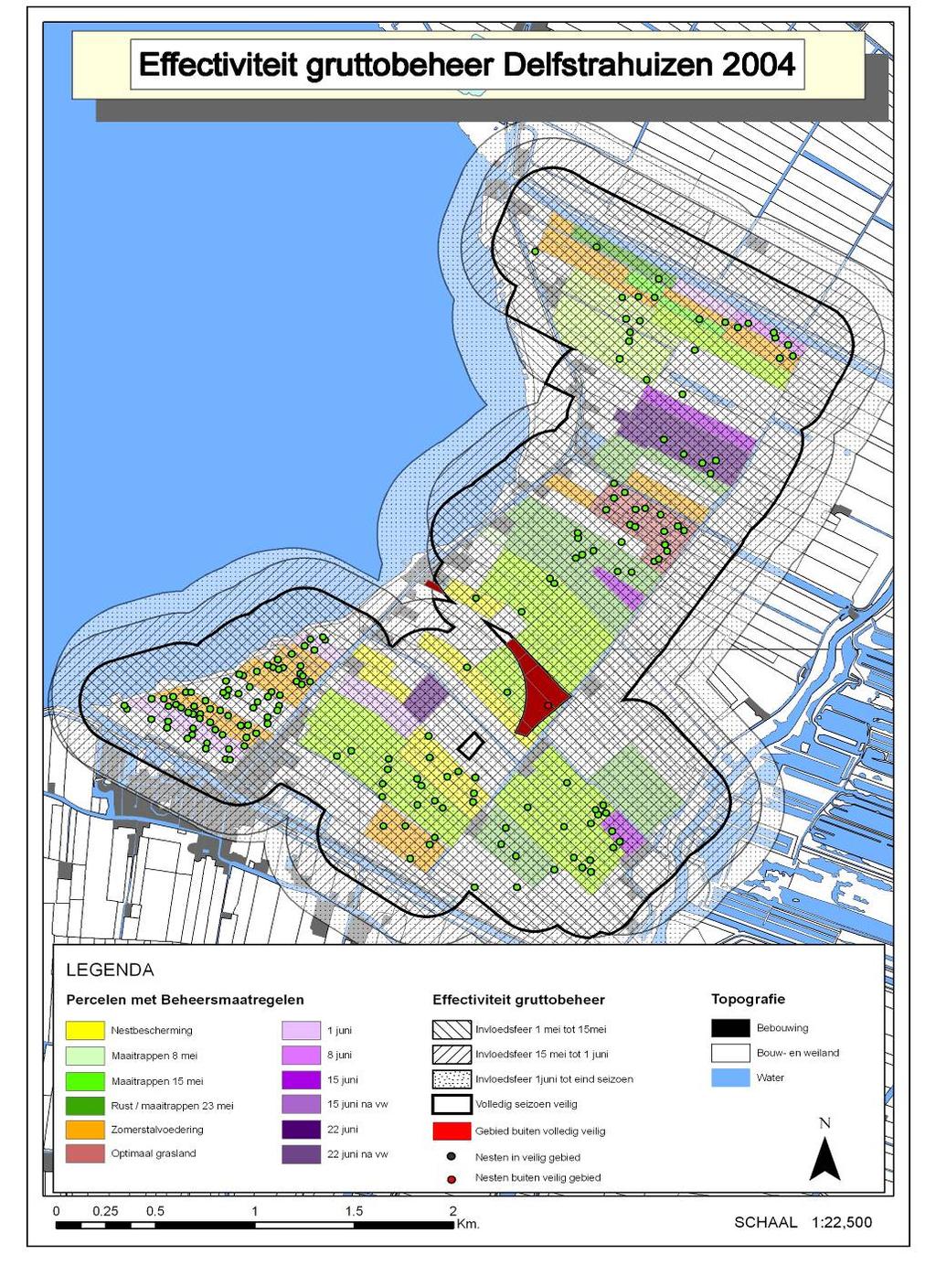 Figuur 2.4. Effectiviteit gruttobeheer in Delfstrahuizen 2004. In deze figuur zijn de nestplaatsen uit het jaar 2002 aangeduid. Meer recente verspreidingsdata waren niet digitaal beschikbaar.