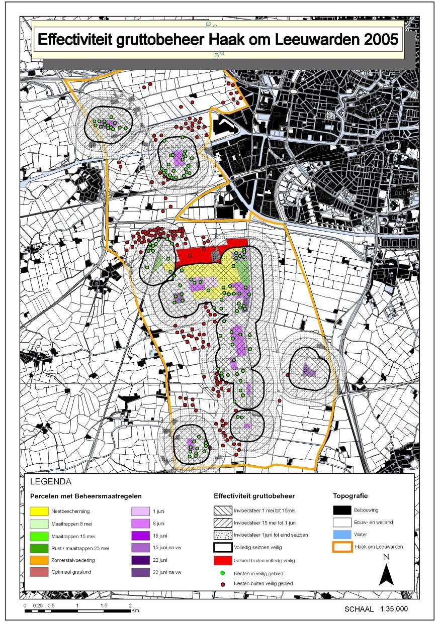 Figuur 2.5. Effectiviteit gruttobeheer in Haak om Leeuwarden 2003. In deze figuur zijn de nestplaatsen uit het jaar 2002 aangeduid. Meer recente verspreidingsdata waren niet digitaal beschikbaar.