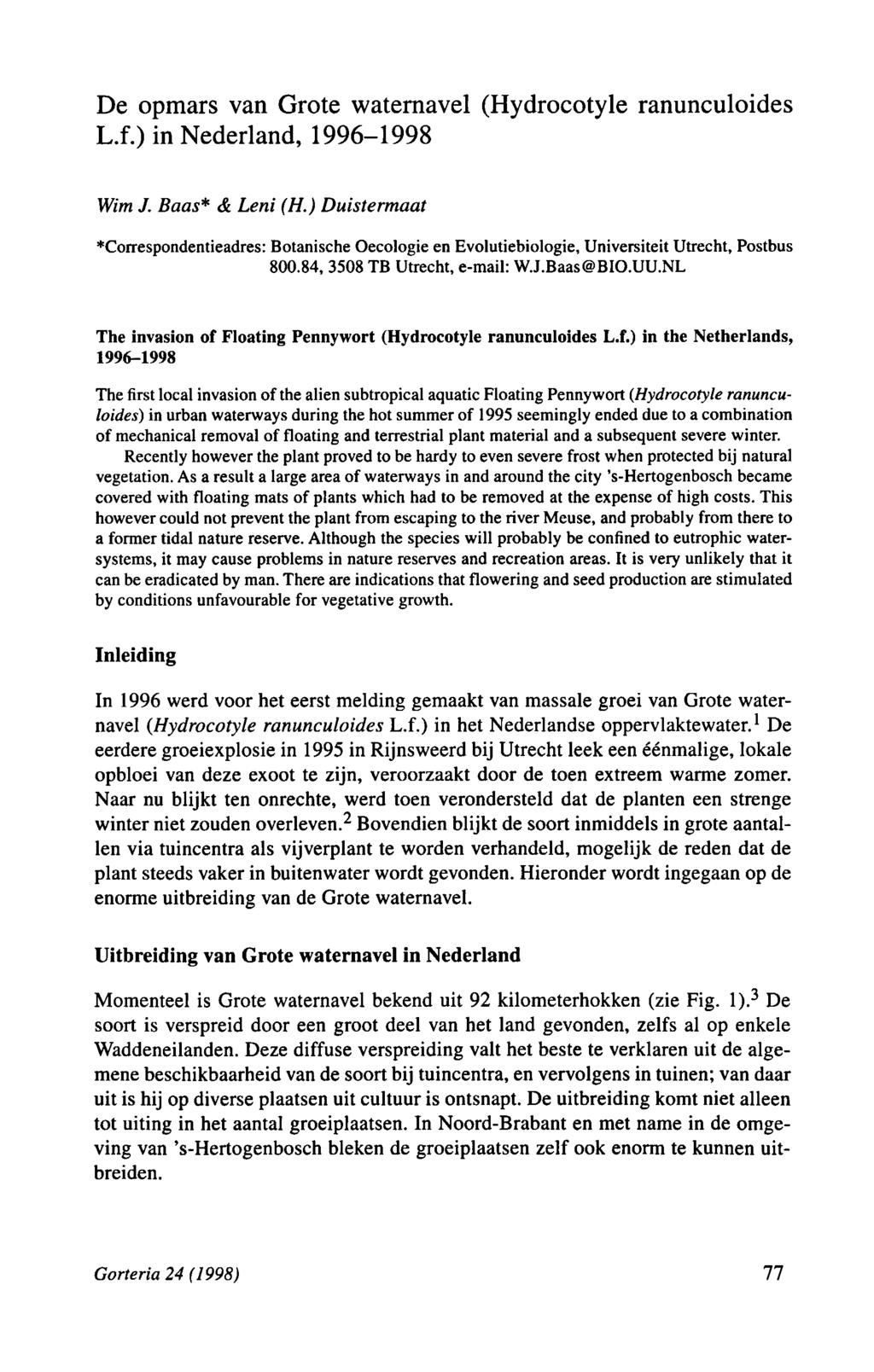 De opmars van Grote waternavel (Hydrocotyle ranunculoides L.f.) in Nederland, 1996 1998 Wim+J. Baas & Leni+(H.