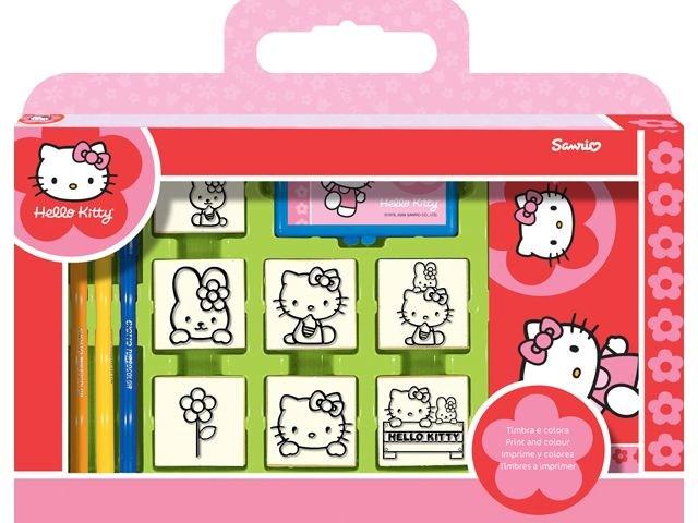 Hello Kitty stempelset in doos, 12 delig. Inhoud: 7 stempels, 1 stempelkussen, 1 blocnote met vloeipapier en 3 viltstiften. Vanaf 3 jaar.