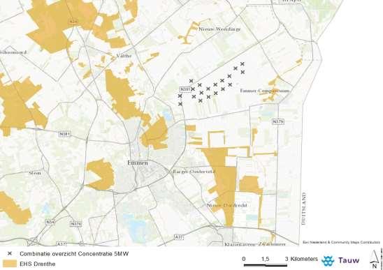 Figuur 5.7 Plaatsing windturbines alternatief Concentratie 5MW in relatie tot Ecologische Hoofdstructuur Spreiding 3 MW Flora- en faunawet Locatie N34 ligt dicht tegen EHS met beheertype 16.