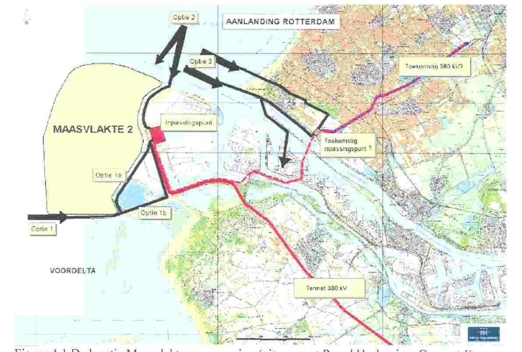 MER OFFSHORE WINDPARK BROWN RIDGE OOST 43 Potentiële aanlandingspunten en tracés op land op de Maasvlakte In de studie Connect II is de kansrijkheid van onderstaande opties voor aansluiting op de