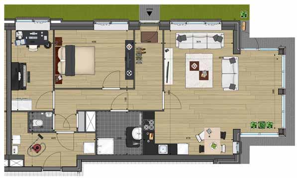Via de berging van de woning heeft u tevens toegang tot het gemeenschappelijke deel van het appartementencomplex. Appartement 4 heeft een woonoppervlak van ca. 82 m² en een tuinoppervlakte van ca.