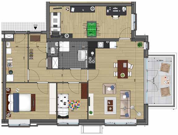 Appartement 6 heeft een woonoppervlak van ca. 92 m² en de beschikking over een balkon van ca. 8 m².