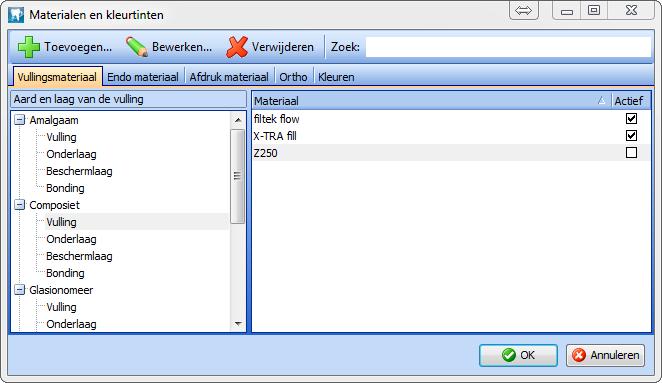 4 Materialen inactiveren Alle materialen en kleurtinten die u kunt ingeven bij een behandeling kunnen gedeactiveerd worden.