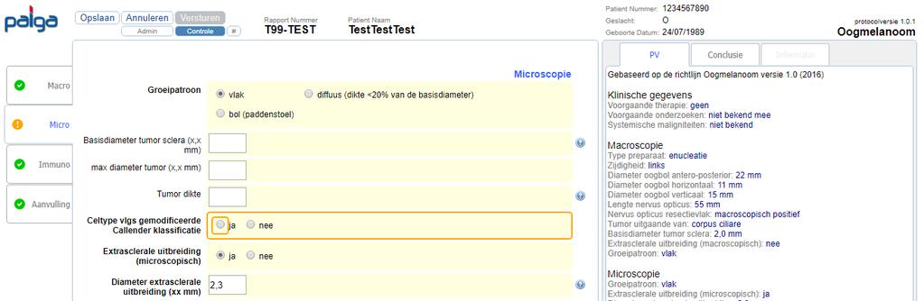 Controle knop Toelichting De functie van de Controle knop (blauwe pijl) is het in focus brengen van de eerst volgende openstaande verplichte rubriek (rode pijl).