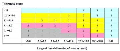 Overzicht van berekeningen ptnm 8e TNM berekening als tumorlokalisatie = iris pt1: Tumor gelimiteerd tot de iris pt2: Tumor samenvloeiend met of verlengd in corpus ciliare of chorioidea of beide pt3: