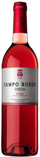 CAMPO BURGO Rosado Rioja Cantabrië - Spanje 100% Garnacha De wijngaarden zijn gesitueerd op de lage heuvels van Cantabrië, de druiven worden met De hand geplukt Hand geplukte druiven, onmiddellijke