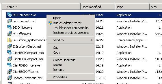 3 Serversetup Na het uitvoeren van de UpdateConversie kan de serversetup worden uitgevoerd op de server, door met de rechtermuisknop te klikken op het bestand BGIOffice.exe ( BGICompact.