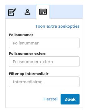 Klikt u op de middelste tab, dan zoekt u op relatiegegevens en via de rechtertab zoekt u op polisgegevens.