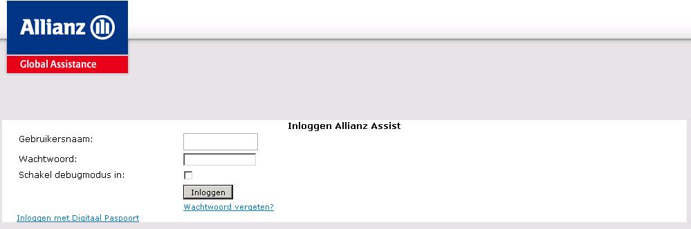 1. Inloggen Allianz Assist Typ in de adresbalk van uw browser: www.allianz-assistance.nl/allianzassist/logon U komt in het aanmeldscherm van Allianz Assist.