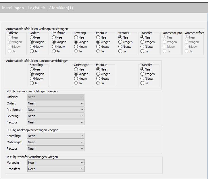 Afdrukken(1) In de groep Automatisch afdrukken verkoop- en aankoopverrichtingen werd een groep transfers toegevoegd.
