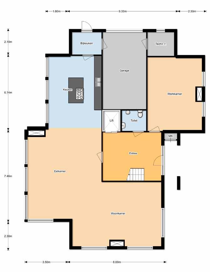 Plattegrond begane grond. Dit ontwerp biedt o.a. beneden een werkruimte, garage en op de verdieping 3 slaapkamers en twee badkamers.