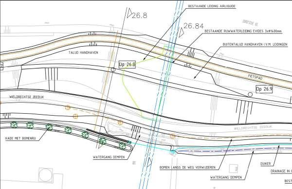 Afbeelding 2: ligging leidingen Evides en Air Liquide (bron: analyse varianten kruising Dordtse Kil bij dijkversterking Wieldrechtse Zeedijk, Deltares 2014) Afbeelding 3: Dwarsprofiel km 26,84 ter